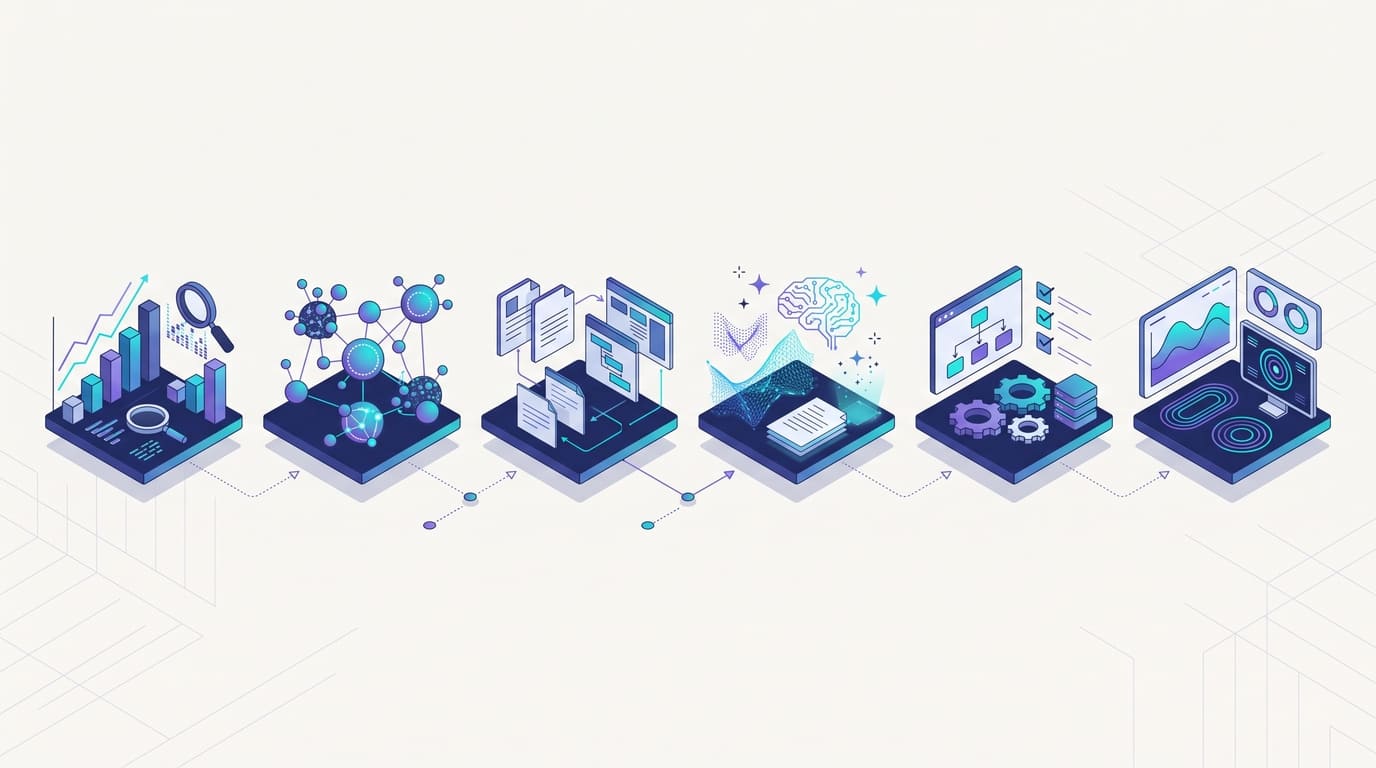 Six-stage AI SEO optimization workflow showing search data analysis, keyword research, content planning, technical validation, and performance tracking