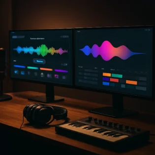 Udio vs Suno 2025 comparison on dual monitors in a modern studio