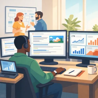 SEO strategist analysing Google AI Overviews and search performance charts on multiple screens