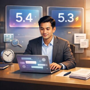 Ilustrasi profesional Indonesia membandingkan GPT-5.4 dan GPT-5.3 Instant di ChatGPT.