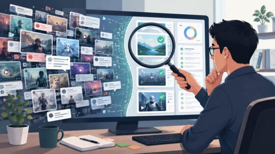 Ilustrasi editor konten meninjau AI slop dan konten AI berkualitas untuk SEO