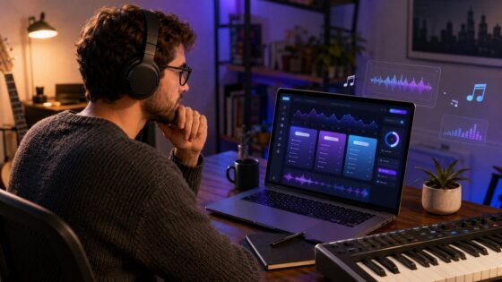 Creator reviewing Udio pricing 2026 and AI music credits on a studio laptop