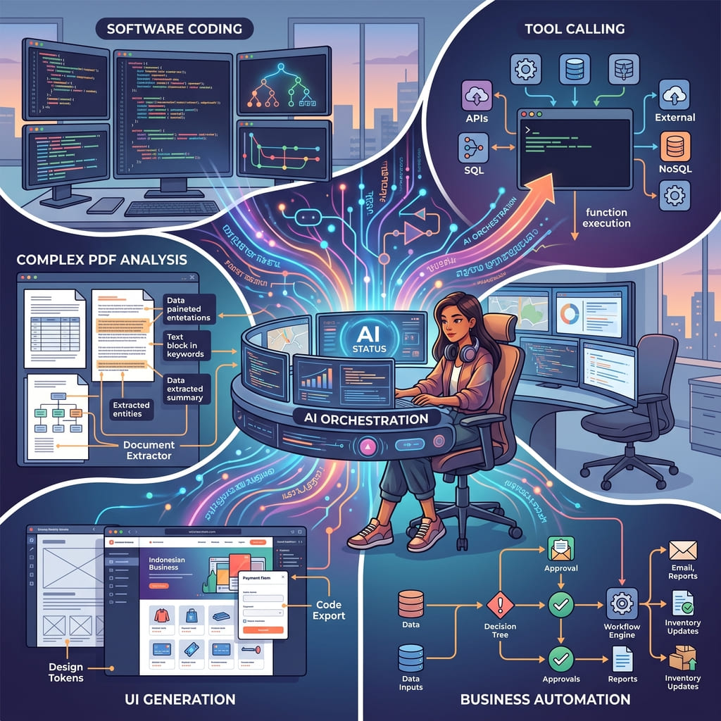 Ilustrasi fitur Gemini 3.7 Flash untuk coding, PDF, UI dan automation