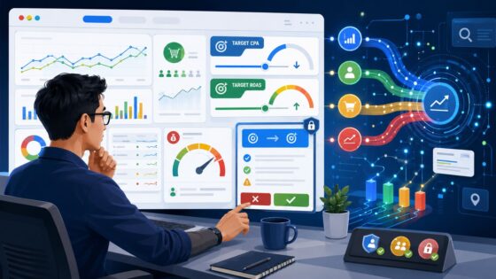Ilustrasi Google Ads target CPA 2026 dengan advertiser meninjau Target CPA, Target ROAS dan budget campaign
