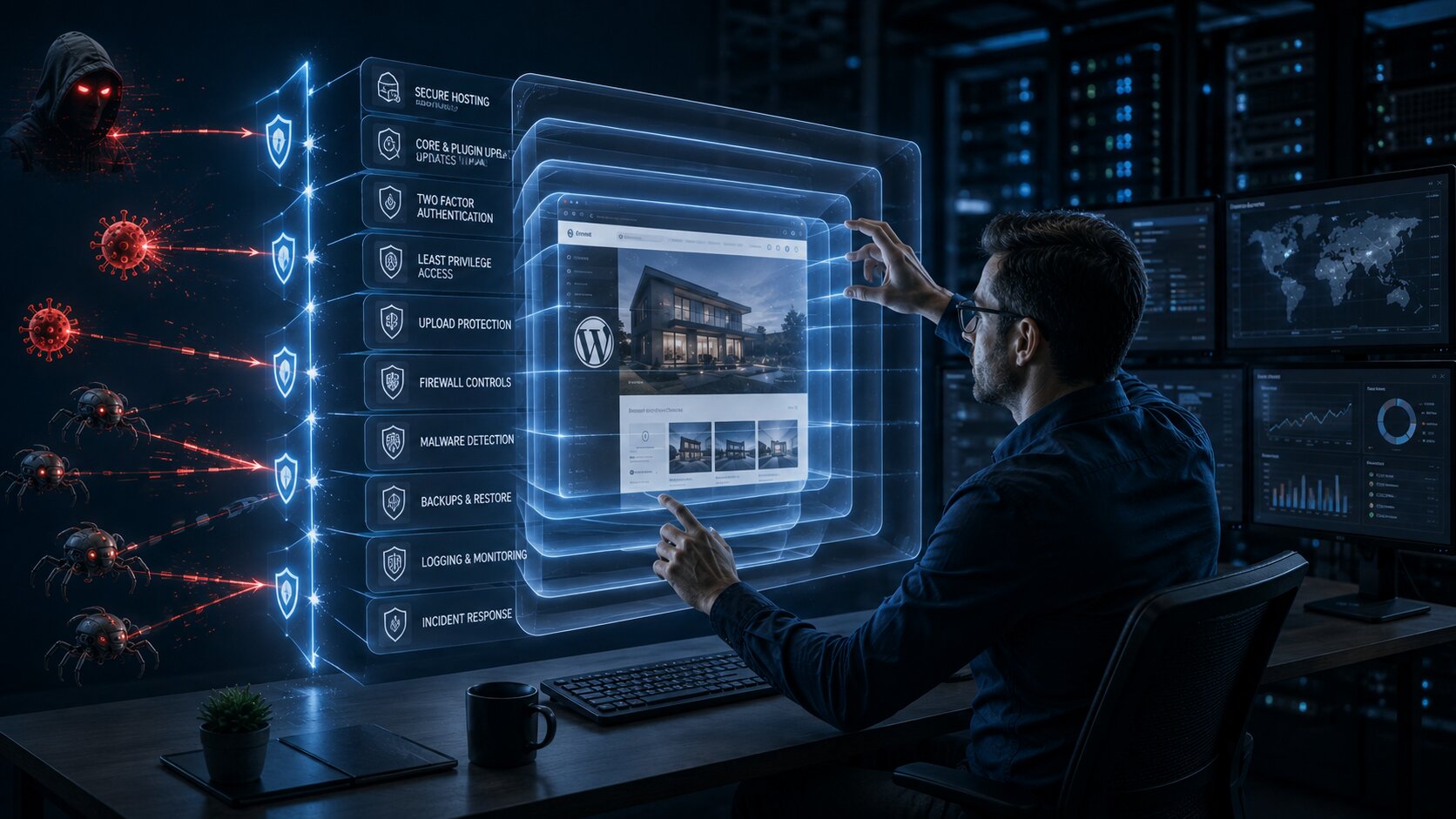 Layered WordPress security system combining updates, backups, authentication, firewall, scanning, and monitoring