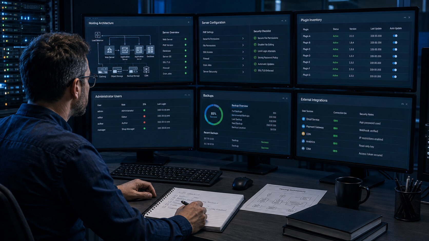 Website administrator auditing hosting, WordPress users, plugins, server settings, and external integrations
