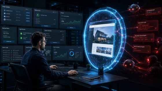 WordPress security guide 2026 with a security specialist protecting a website from malware and plugin vulnerabilities