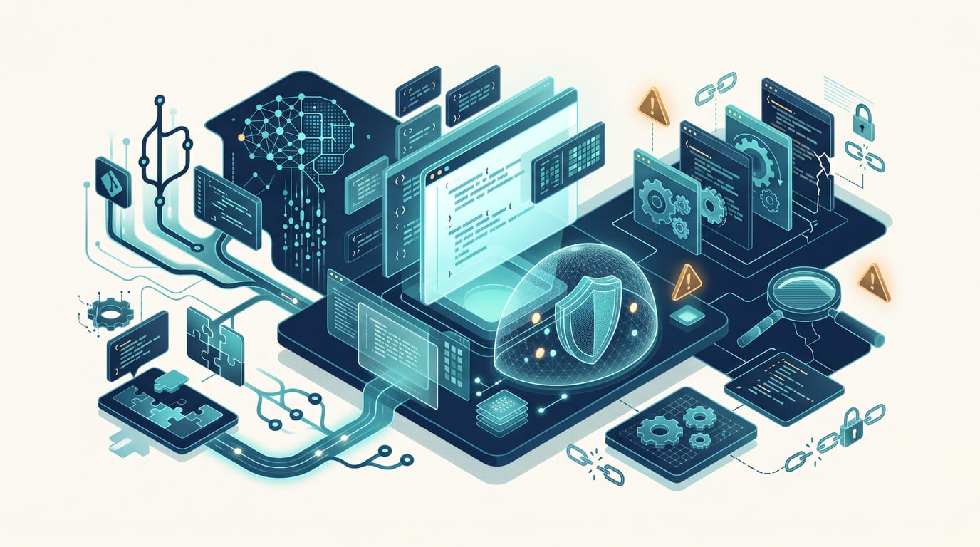 Ilustrasi fenomena REA dan FOMO AI coding dengan kode open source, AI agent, dan perlindungan keamanan data pengguna.