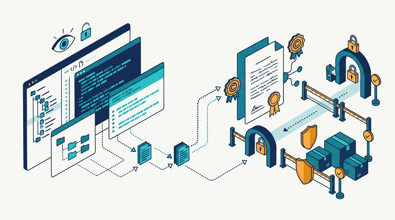 Ilustrasi source code publik, dokumen lisensi, dan hak penggunaan kode untuk distribusi atau komersialisasi aplikasi.